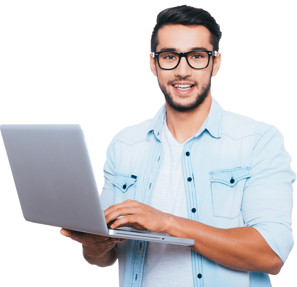 man standing with his laptop