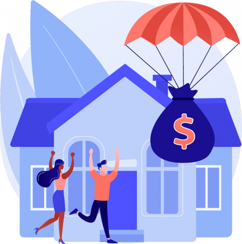 house and bag of cash on a parachute