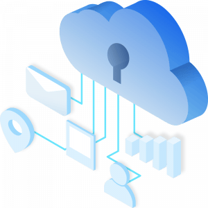 cloud shaped lock connected to email, bar graph, etc logos