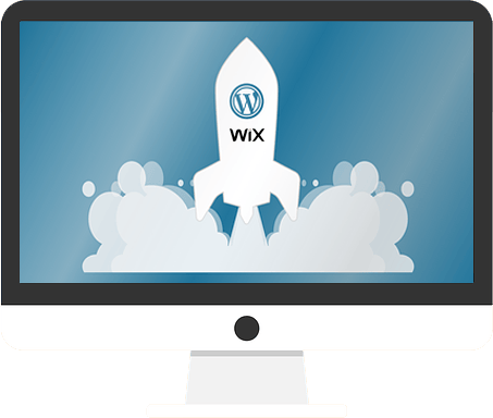 wordpress and wix logo inside a rocket pointing upwards lifting off